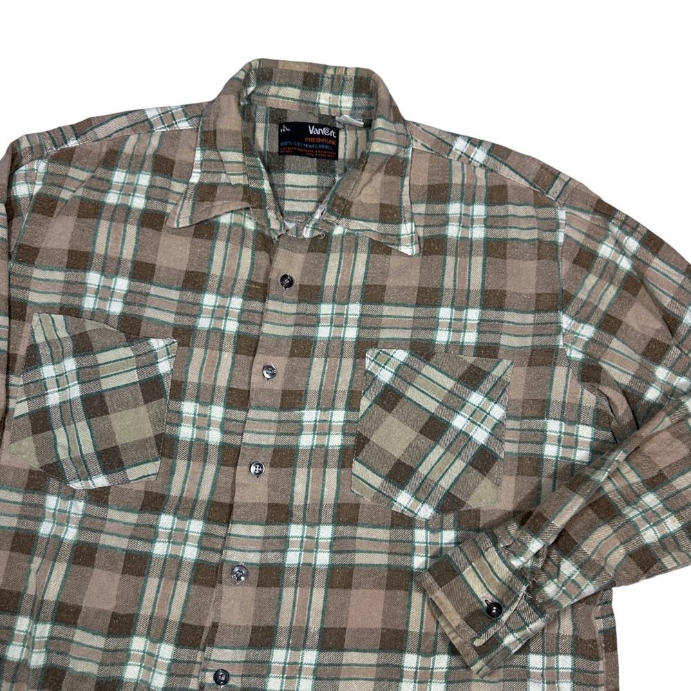 Vintage 70s Van Cort Plaid Flannel Shirt Mens Large Brown Tan Cotton Button Down